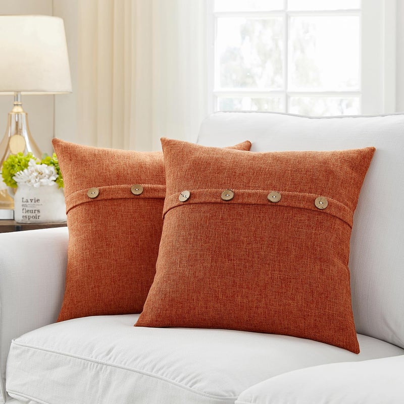Meekio Set of 2 Fall Pillow Covers 20 x 20 Burnt Orange Pillow Covers with Coconut Buttons Fall Decorations for Home - Image 1